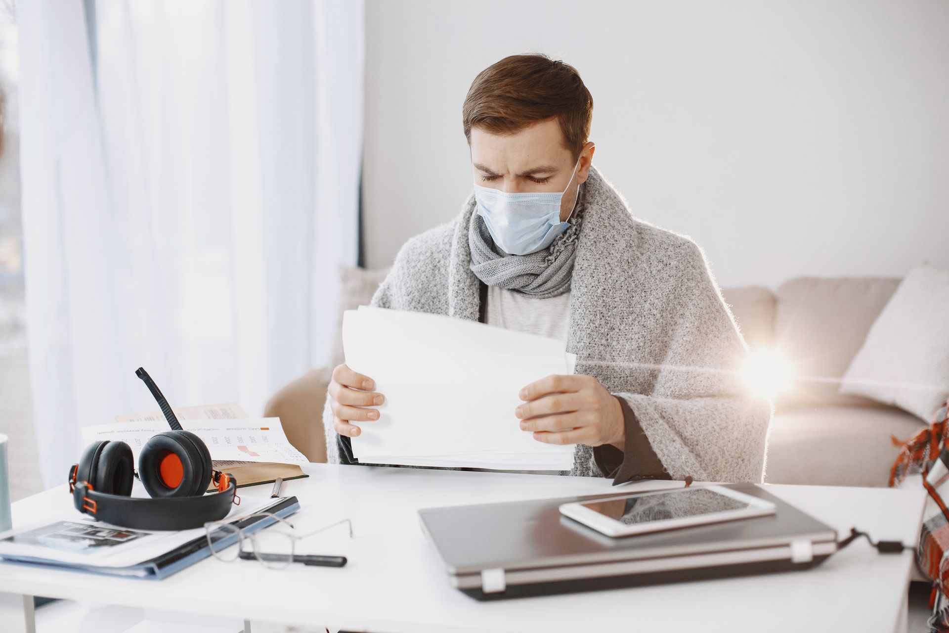 Man Wearing Protective Mask Working in Home Office