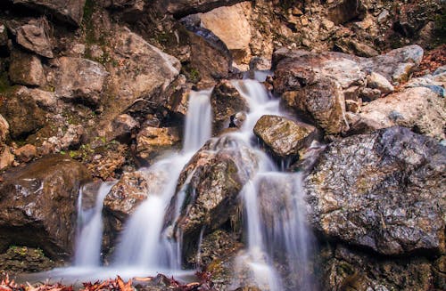 Time-Lapse Photography of a Waterfalls on Brown Rock Formations