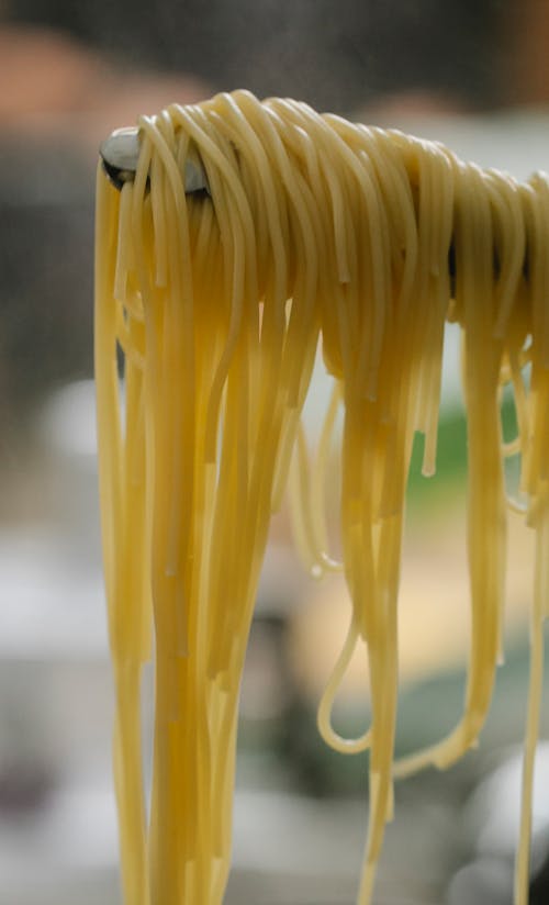 Tasty freshly cooked Italian spaghetti pasta rolled on tong against blurred kitchen background