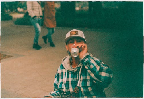 Man in checkered hoodie drinking a beverage in an urban setting. Captures candid street style.