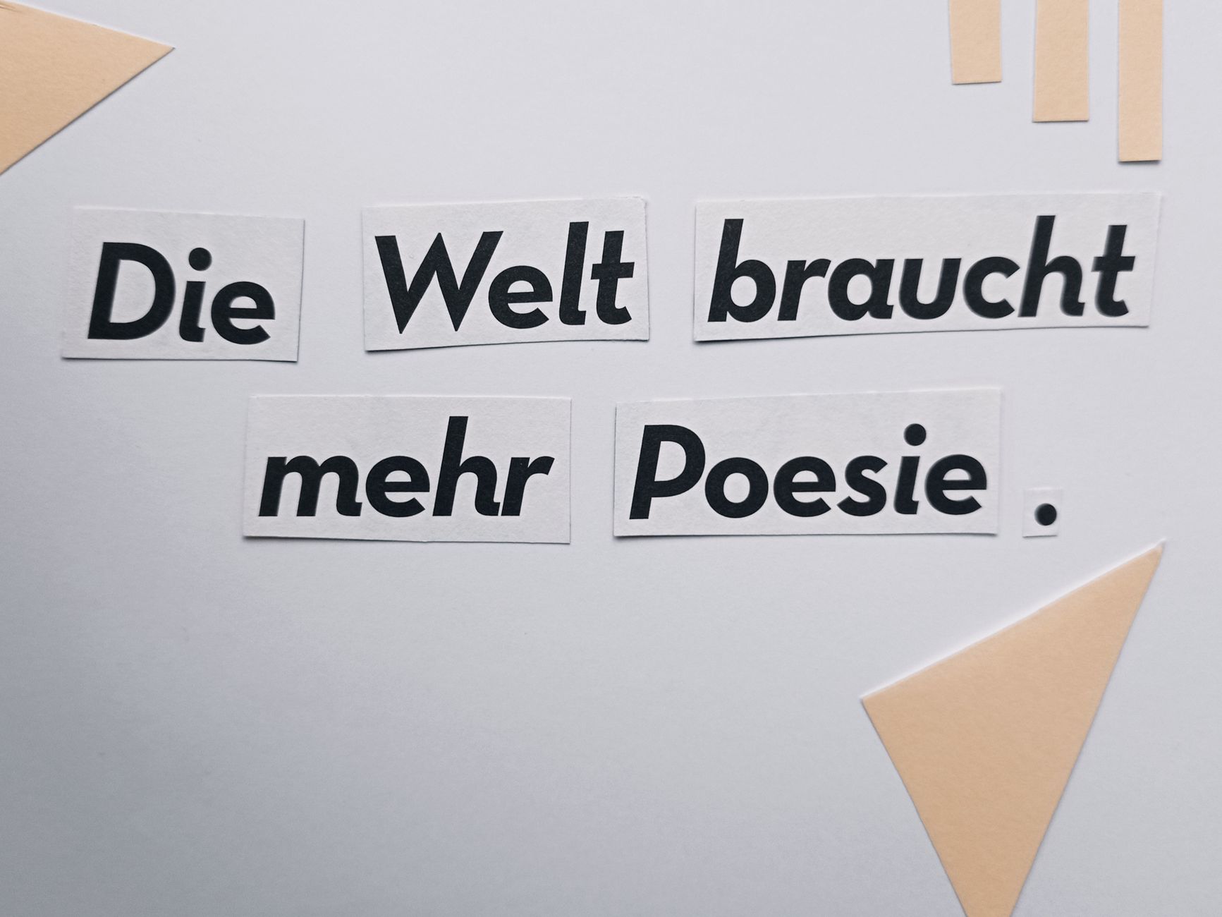 Cut-out text 'Die Welt braucht mehr Poesie' on a minimalist white background.