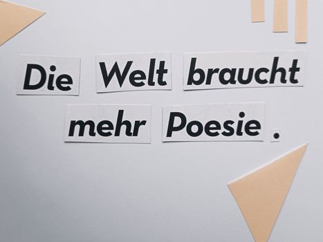 Cut-out text 'Die Welt braucht mehr Poesie' on a minimalist white background.