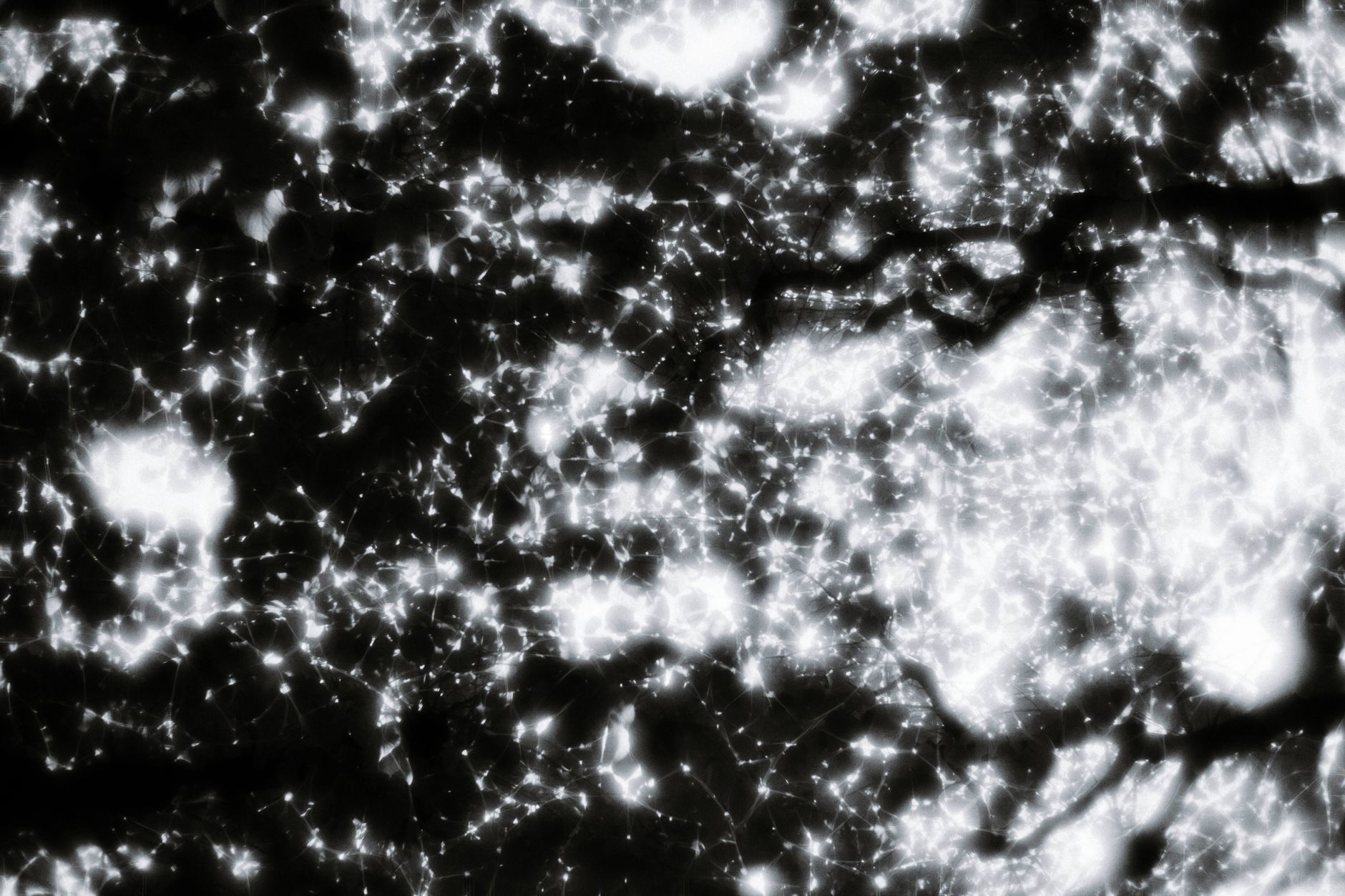 Intricate black and white abstract pattern with illuminated lines and lights on a dark background.