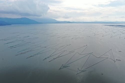 Водоем под белыми облаками