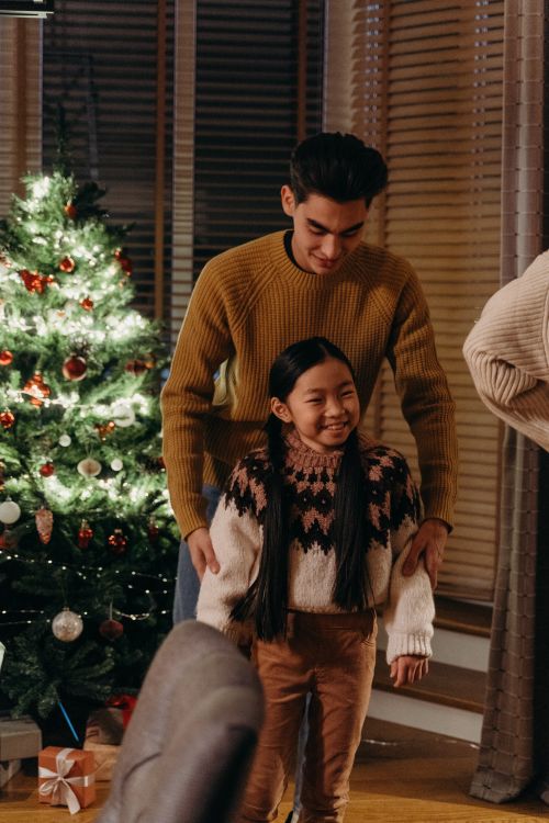 Free Father and daughter enjoy a joyful moment by the Christmas tree in a cozy, festive setting. Stock Photo