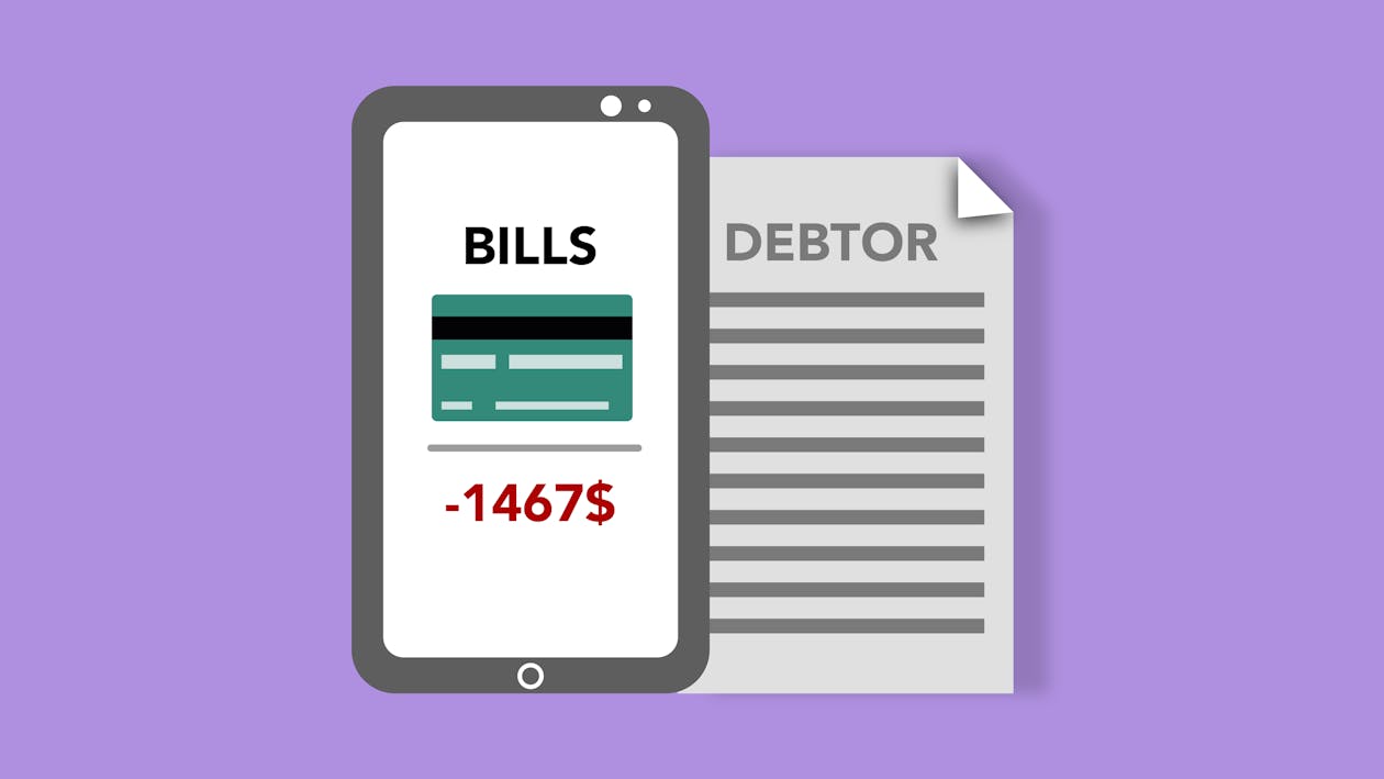Free Vector illustration of smartphone with credit card picture and bills inscription placed near debtor document against purple background Stock Photo