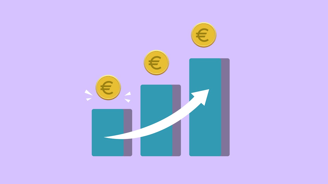 Free Vector illustration of income growth chart with arrow and euro coins against purple background Stock Photo