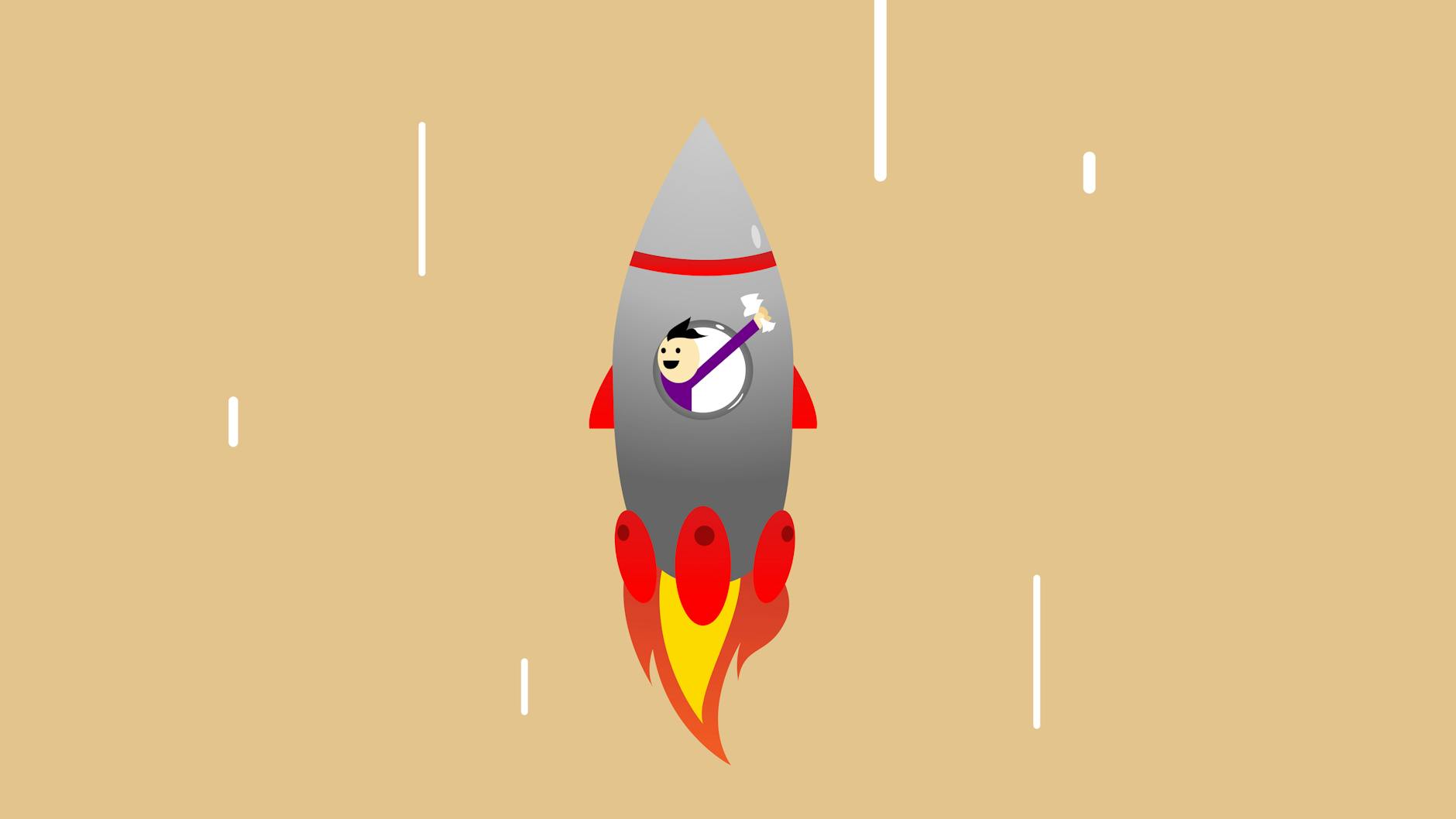Vector illustration of cheerful man in flying rocket