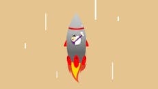 Vector illustration of cheerful man in flying rocket