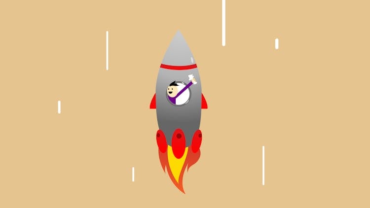 Vector Illustration Of Cheerful Man In Flying Rocket