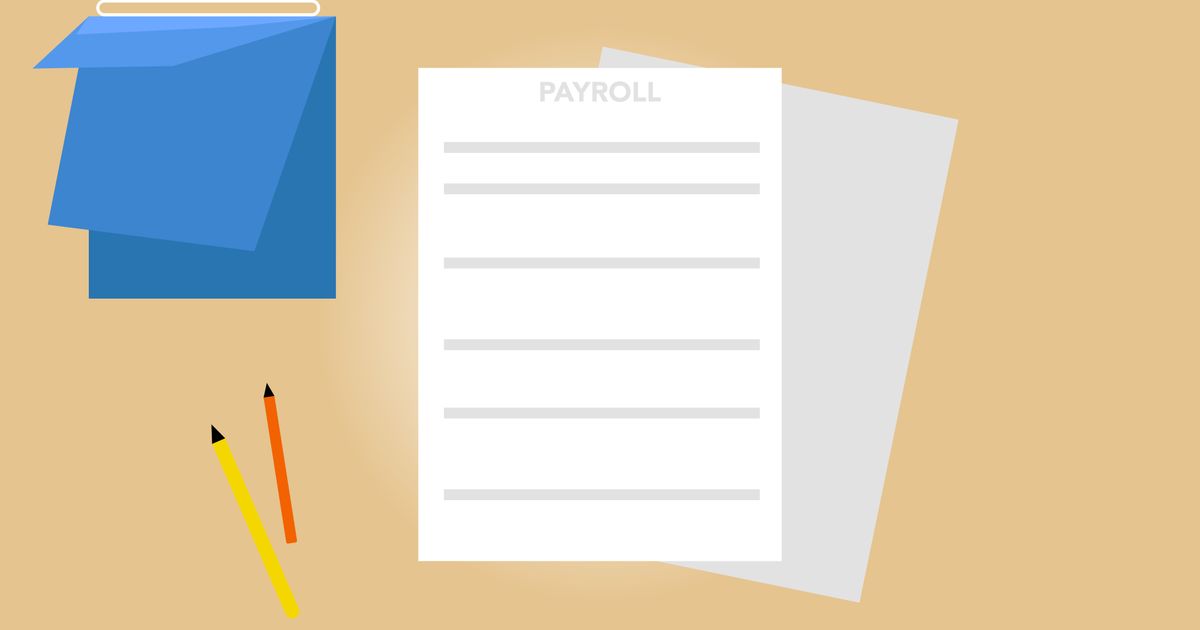 Payroll document, pencils and folders arranged on a desk.