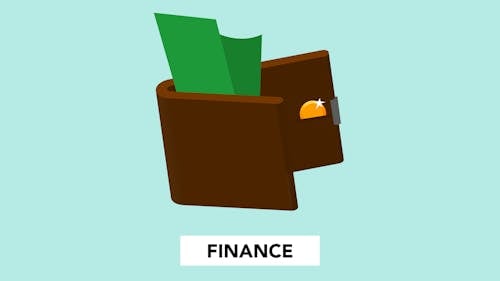 Simple illustration with dollar banknote and coin in wallet above finance inscription on green background