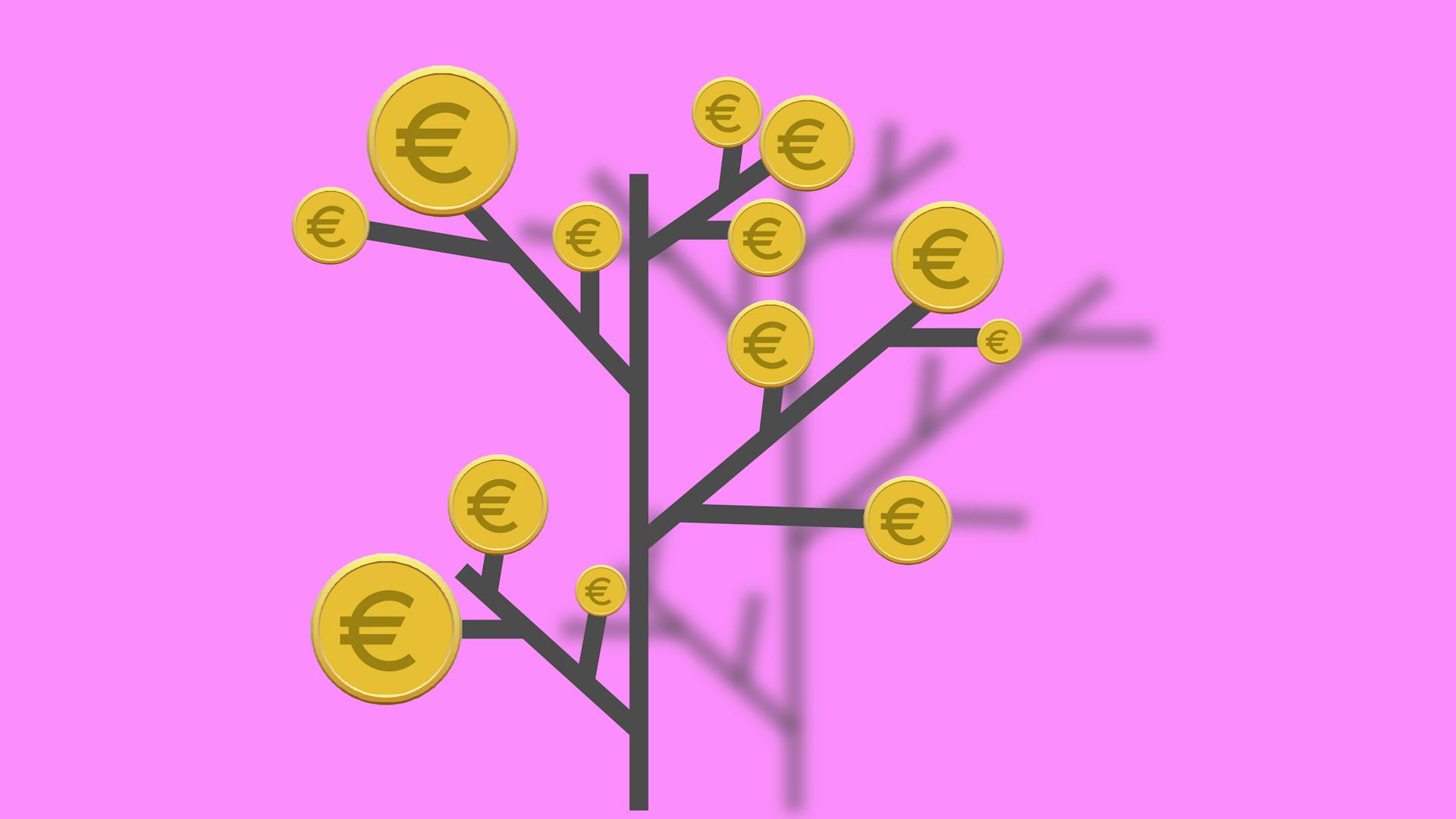 Illustration of a money tree with Euro coins against a pink background, symbolizing growth and wealth.