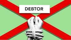 Illustration of debtor with hands tied with rope against cross symbolizing dependence on credit against green background