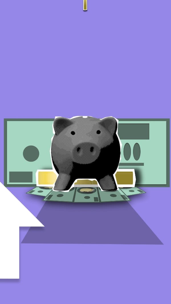 Illustration of money with piggy bank and arrow up