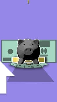 Illustration of a piggy bank with cash symbolizing savings and financial growth on a purple background.