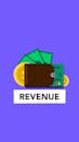 Illustration of revenue in coins banknotes and credit card
