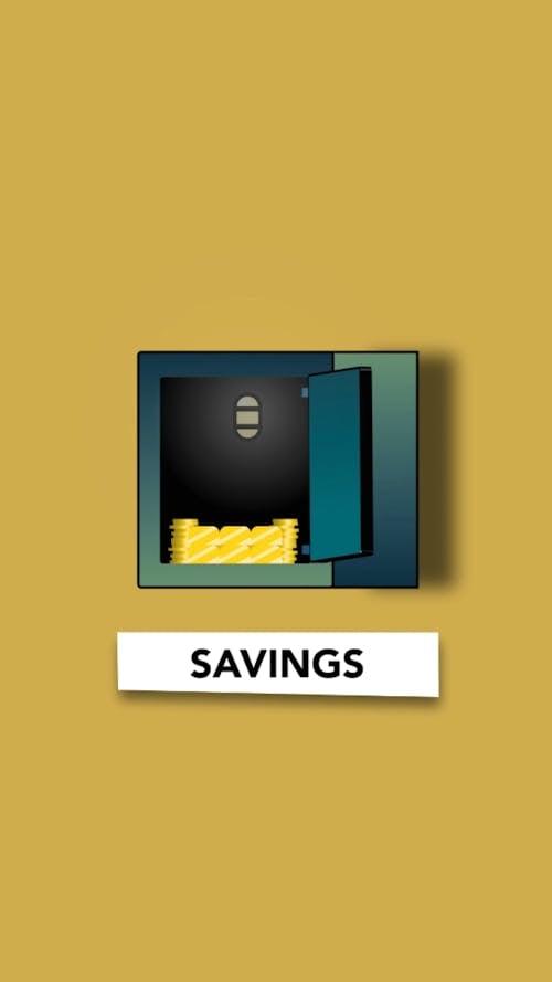 Opened iron safe with stack of golden coins for savings on yellow background
