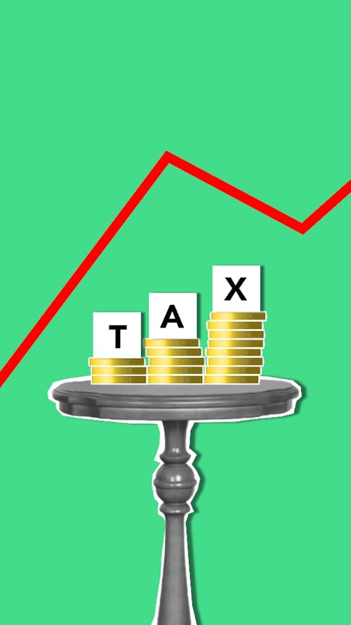 Cutout paper composition representing concept of tax with coins on table under graph on green background