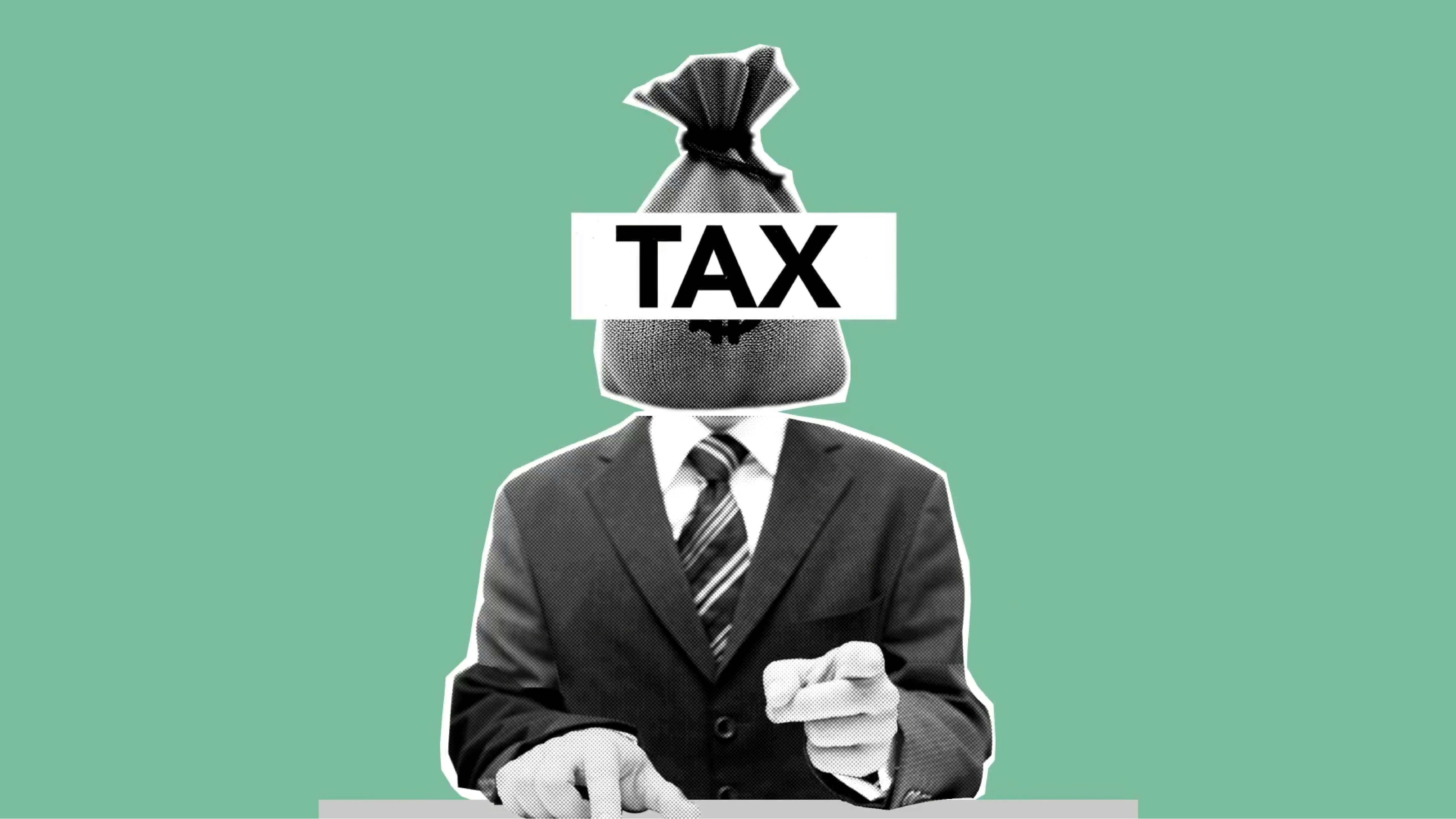 illustration of man with money bag of taxes on neck