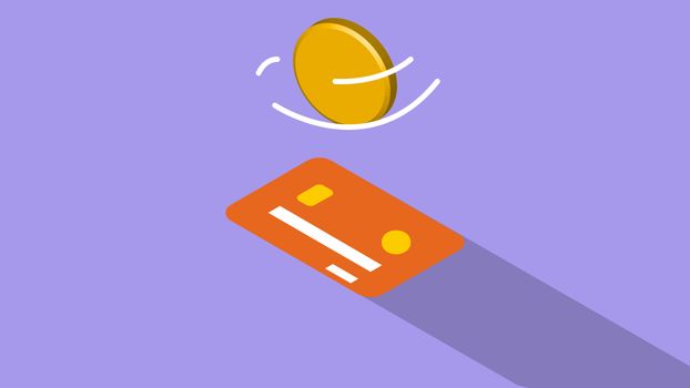 Creative graphic illustration of golden coin spinning above credit card on violet background
