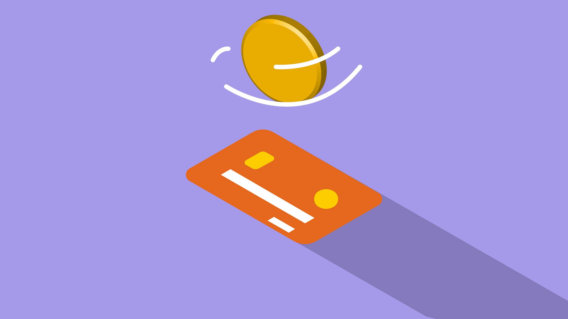 Creative graphic illustration of golden coin spinning above credit card on violet background