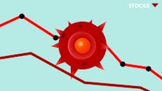 Vector image of red Covid virus against decreasing line graph on blue background
