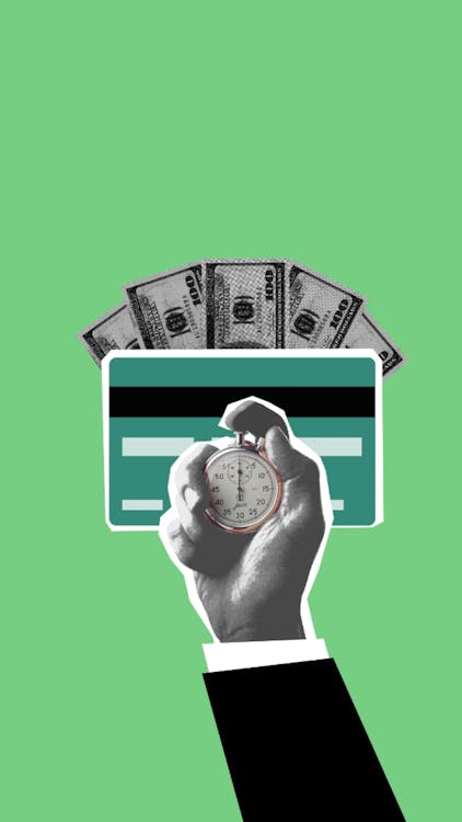 Free Illustration of cutout person hand timing stopwatch against credit card and cash money on green background Stock Photo