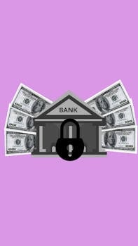 Illustration of secure banking with locked bank and currency on a purple background.