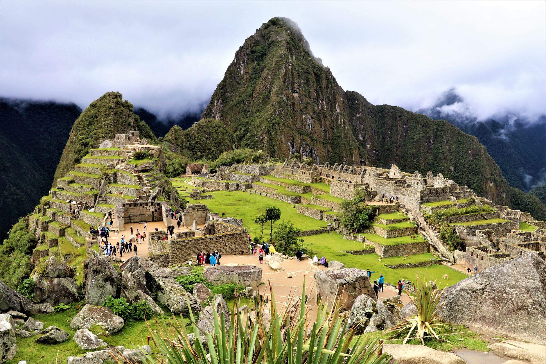Captured from above, this image showcases the iconic ruins of Machu Picchu nestled in the Andes mountains.