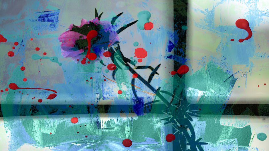 Colorful abstract art with a lone flower and vivid paint splashes.