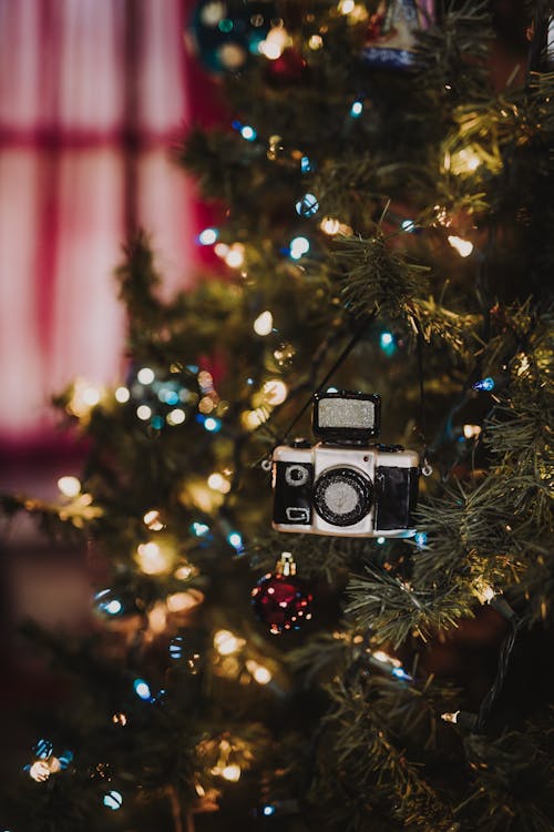 Free A Camera Ornament Hanging on a Christmas Tree Stock Photo