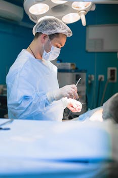 A focused surgeon in a modern operating room performing a surgery under bright lights.