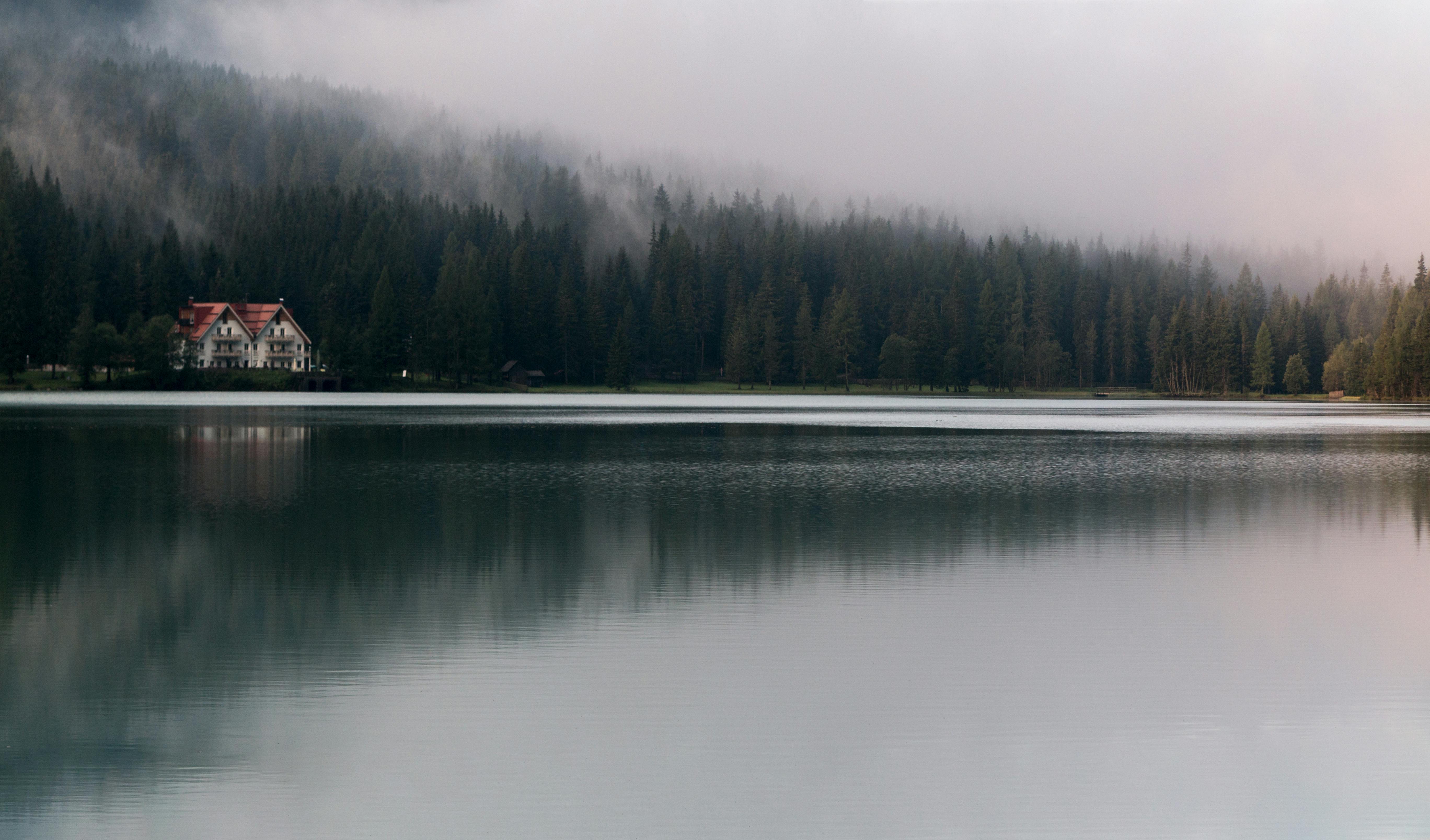 white and red house under fog