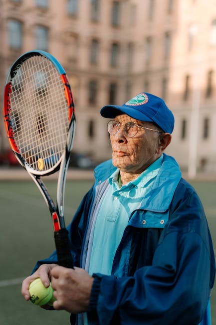 Senior man holding a racket and tennis ball on an outdoor court.