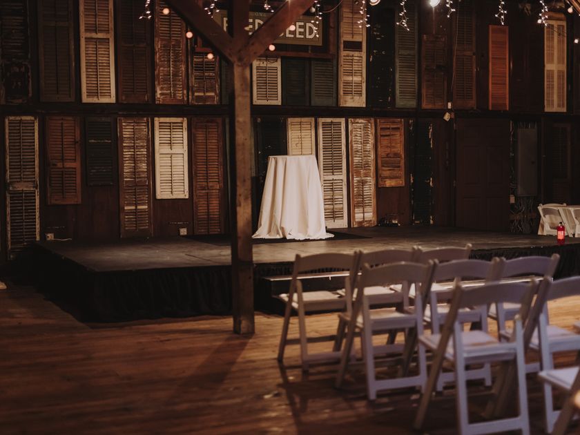 Stage and seating prepared inside the hall's timber end wall