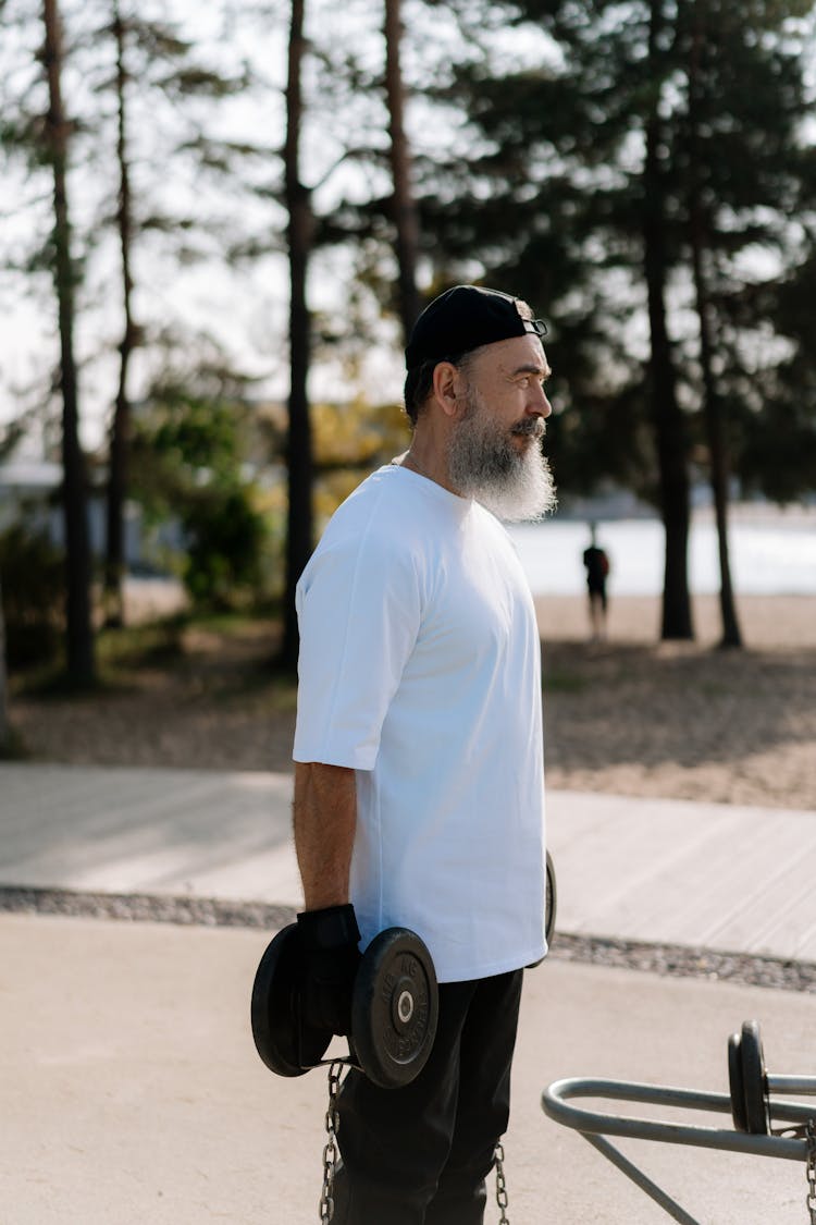 Bearded Man Carrying Black Dumbbells 