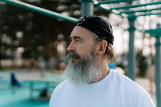 Portrait of a senior man with a beard and cap, outdoors on a sunny day.