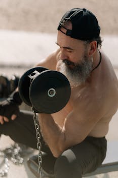 A shirtless senior man with a beard lifting a dumbbell outdoors, embracing a healthy lifestyle.