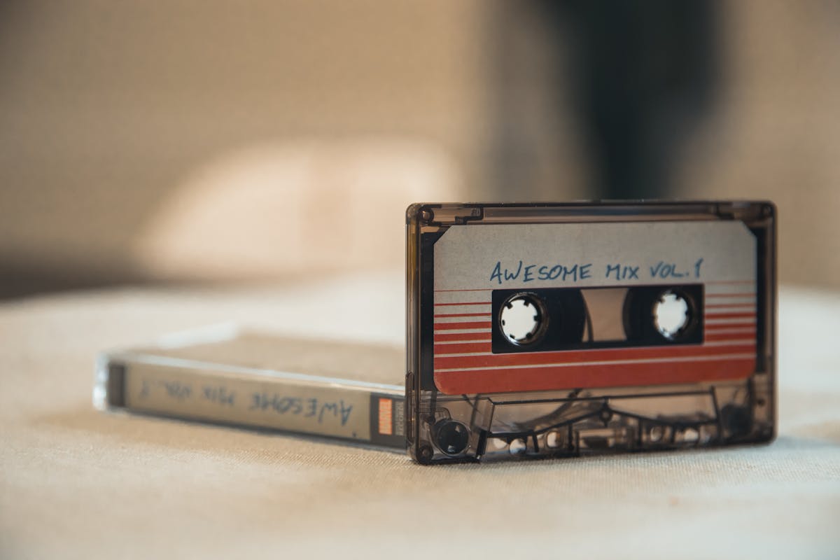 Retro music audio cassettes on table