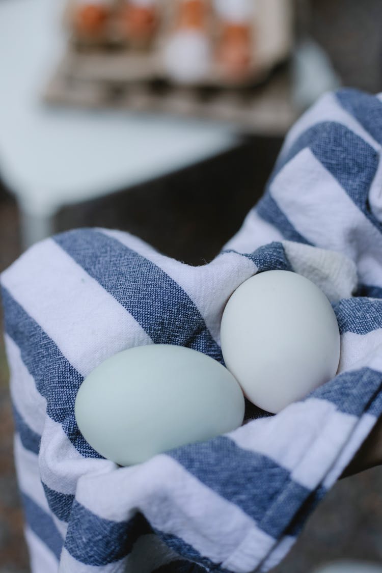 White Chicken Eggs On Striped Towel