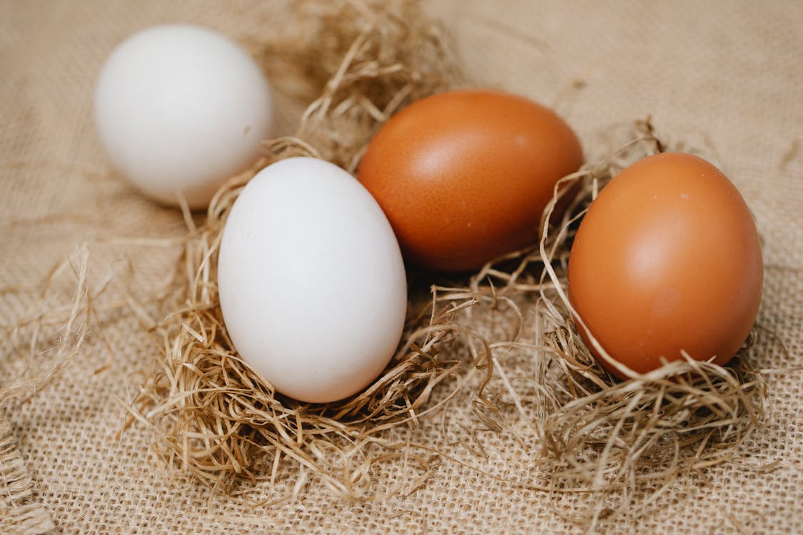 Free Chicken eggs among straw on table Stock Photo