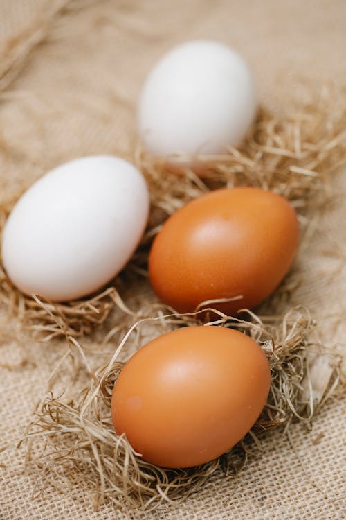 Free From above cracked eggs placed on straw above burlap fabric in chicken farm Stock Photo