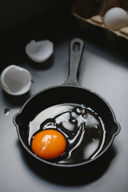 Raw yolk and white in pan before preparing fried egg