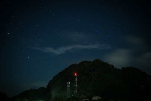 Free A mesmerizing starry night sky with a mountain silhouette and a glowing tower. Stock Photo