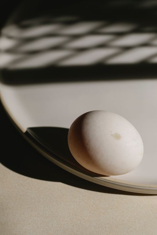 Free White chicken egg placed on light oval plate in sun shadows in kitchen Stock Photo