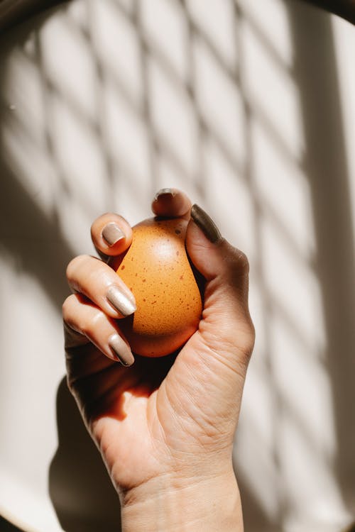 Crop unrecognizable woman grasping brown egg