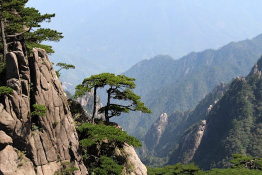 Majestic Huangshan scenery with rocky cliffs and lush trees under a clear sky.