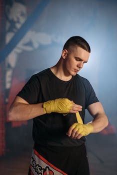 Young male fighter wrapping yellow hand wraps in an indoor gym with focused expression.