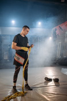 A dedicated fighter wrapping hands in a smoky gym, preparing for training.
